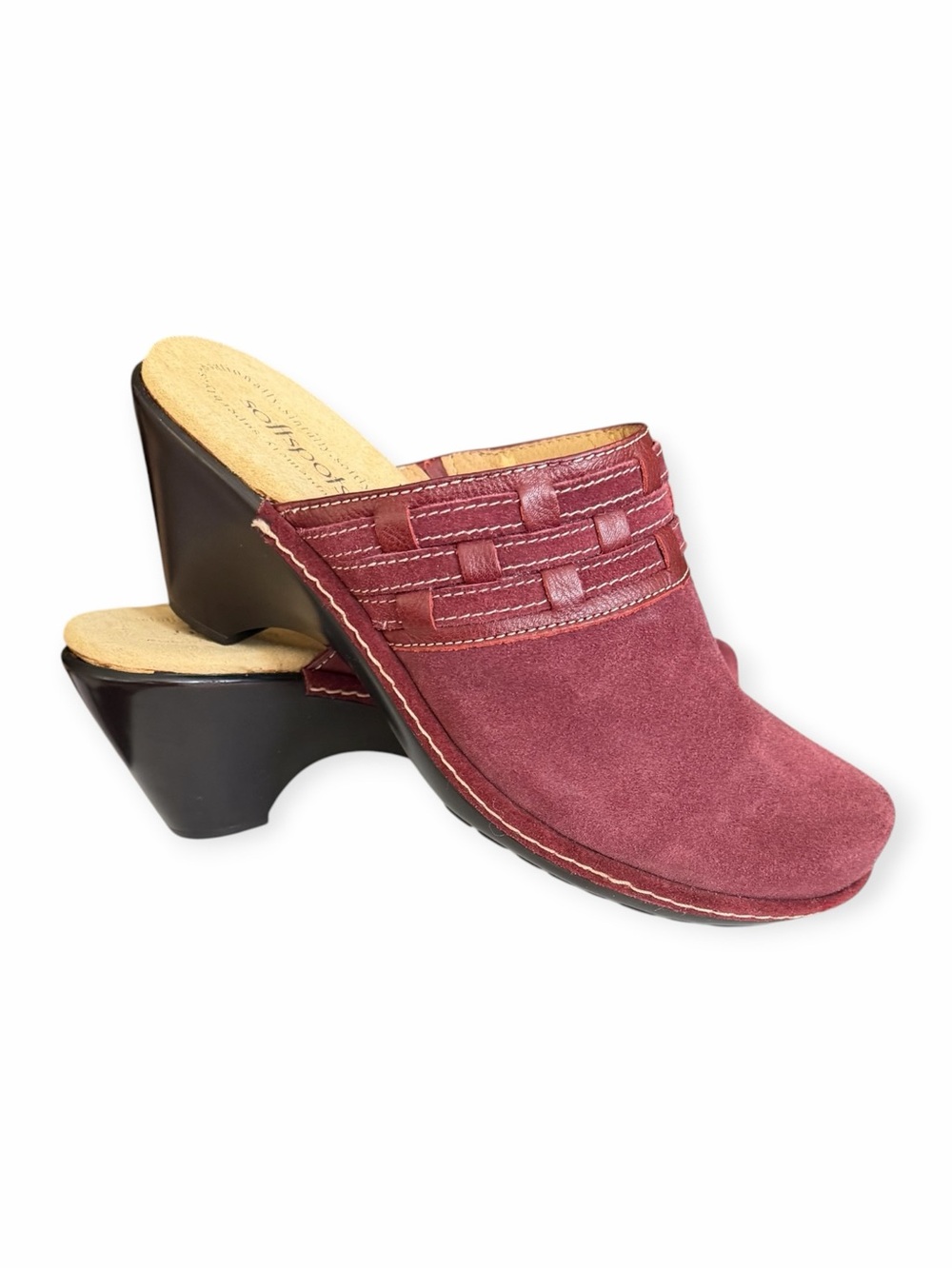 Softspots Women's Wedge Mule Slip On Clog Shoe Size 9 Burgundy Red Suede Leather